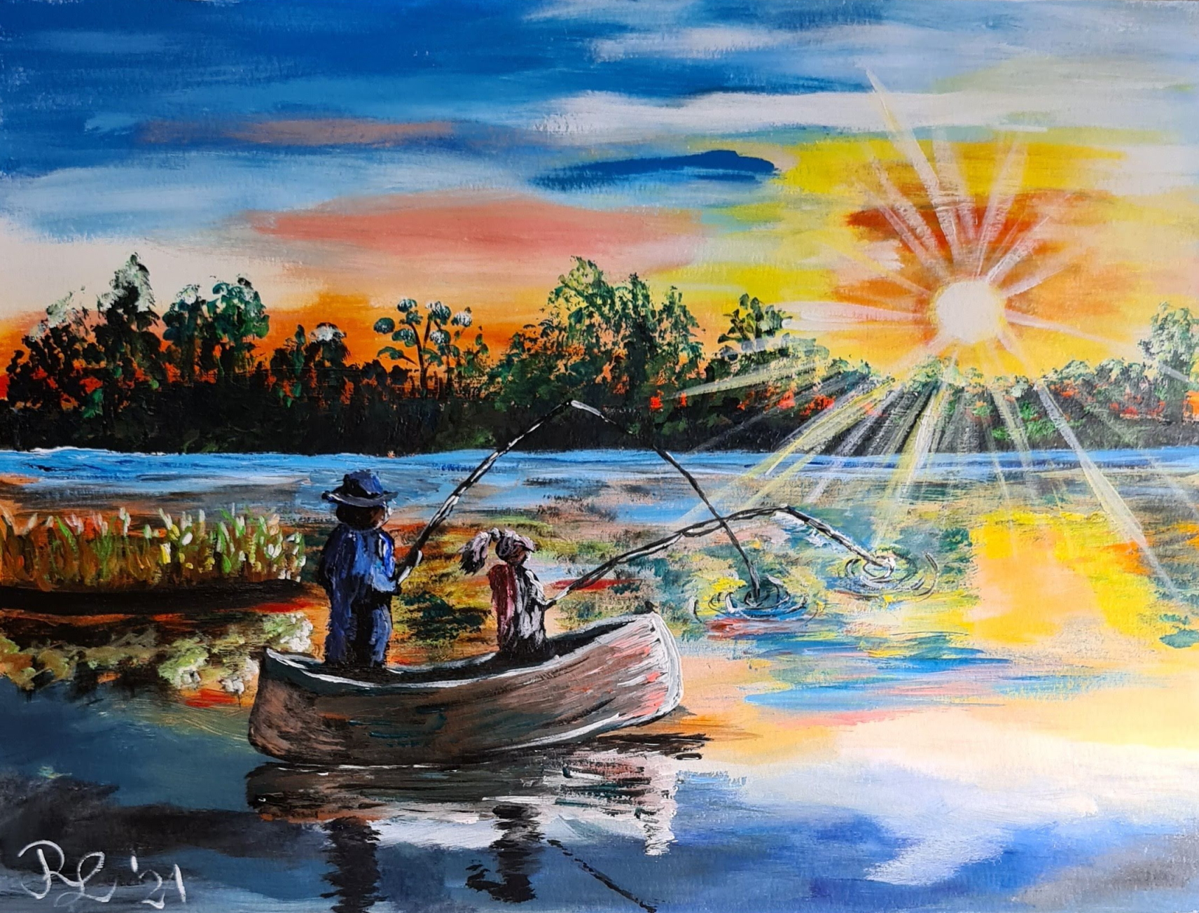 Angler bei Sonnenaufgang